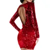 Casual Dresses Sequin Dress Sexig rygglös kvinnor långärmad klaffsknappar Robe Club Wear Party Woman Red Black CH6384799