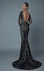 2019 Berta Meerjungfrau-Abendkleider, tiefer V-Ausschnitt, rückenfrei, lange Ärmel, formelles Abendkleid mit applizierten Perlen, sexy schwarze Partykleider