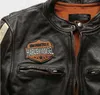 Giacca in pelle da motocicletta con cuciture a righe, colletto rialzato, popolare giacca in pelle vintage lavata in stile Harley