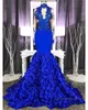 Royal Blue High Neck Mermaid Prom Klänningar 3D Blommor Lace Appliques Sheer Long Sleeves African Arabic Formal Party Evening Gowns