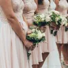 2019 Hot Summer Lace Chiffon Bridesmaid Dress Boho A Line Jewel Neck Kort Bröllop Guest Maid of Honor Gown Plus Storlek Anpassad Made