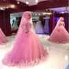 Rosa vestido de noiva 2019 vestidos de casamento muçulmanos vestido de bola alto mangas compridas mangas longas tule laço dubai árabe vestido de noiva vestidos de noiva