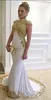 Muslim Arabic Evening Dress Long Mermaid 2019 High Neck Gold Embroidery Beads Cap Sleeves White Formal Prom Evening Gowns