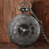 Antiguo Steampunk negro ahueca hacia fuera el diseño de la caja reloj de bolsillo de cuarzo hombres mujeres relojes con pantalla analógica collar cadena regalo