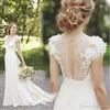 Sexy Deep V Neck Chiffon A Line Lace Wedding Dresses 2018 Cap Sleeves Sweep Train Wedding Bridal Gowns