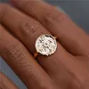 Vintage Big Gold Color Round Compass Rings for Women Ring Bohemian Geometric Carved Coin Finger Female Jewelry