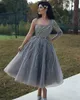 Graceful Beaded Long Sleeve Prom Dresses One Shoulder A Line Sequined Evening Gowns Plus Size Tea Length Tulle Formal Dress 415