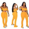 Solid Färg TrackSuit 2020 Kvinnor Sommar Fitness Draped StraplessleTops + Ruched Flare Byxor Matchande Sats Outfits Plus Size S-XXL