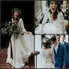 Nyaste Enkel Vit A-Line Beach Bröllopsklänningar Långärmade Chiffon Ruffles Lace Top Boho Custom Made Country Bohemian Bridal Gown