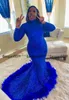 2020 sexy African Mermaid Prom Dresses halter neck royal blue sequined Evening Dress with feather Black Girls Formal Cocktail Party Gowns