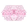 Tiaobug Mens 란제리 소프트 반짝이 새틴 ruffled bloomer tiered scarted 팬티 섹시한 sissy 팬티 속옷 게이 에로틱 팬티