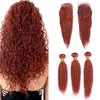 # 350 Orange kinky lockigt brasilianska mänskliga hår vävbuntar med stängning 3st ren orange 4x4 spets framslutning med lockigt väv 4st