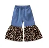 Pantalones acampanados con retazos de leopardo, pantalones vaqueros para niñas pequeñas, pantalones de pierna ancha para niños pequeños, pantalones de campana, pantalones vaqueros azules para niños, ropa de diseñador para bebés AYP6328