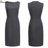 2020 Ny sommarkontorsklänning Kvinnor Elegant O Neck ärmlös knälängd svart grå slitage för att arbeta mantel damklänningar #BD725 Y200623