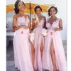 2020 Sexy sheer Jewel neck lace appliques maid of honor dresses split formal evening gowns wear Cheap Country blush pink bridesmaid dresses