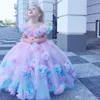 Rainbow Ball Gown Flower Girl Dresses For Wedding 3D Flowers Girls Pageant Gowns V Neck Sweep Train Tulle First Communion Dress3507132