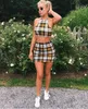 Fashion- Summer Sexy Plaid Print Skirt Suits Spaghetti Strap Halter Tops Bodycon Sheath Dresses Skirt Sets Women Two Piece Skirt Outfits