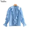 Vawomen süße Rüschen-Chiffon-Bluse mit V-Ausschnitt und langen Ärmeln, niedliche weibliche lässige Mode, blaues Hemd, stilvolle Tops, Blusas