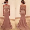 Avondjurken Mermaid Scoop Tule Satijn Bloemen Applique Lange Mouw Illusion Rits Sweep Train Prom Jurken