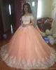 2019 bateau hals korte mouwen appliques tule plus size zoete 16 jurken Saoedi-Arabische prom jurken blozen roze baljurk quinceanera jurken