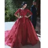 2019 Abiti da sera in pizzo rosso scuro con treno staccabile Scoop 1/2 manica lunga Illusion Applique Abiti in organza Abiti da sera Abito formale