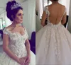 2020 Sexy Arabic Ball Gown Wedding Dresses Off Shoulder Lace Appliques Flowers Pearls Beaded Sheer Open Back Plus Size Formal Bridal Gowns