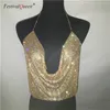Zweiteiliger Kleid Frauen Rhein -Pailletten -Set Farkly Gold Silber Halfter Rückenless Deep V Crop Top Crystal Metal Split Minirock12250435