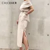 Chicever 2018 Sommarklänning för kvinnor Sexig Slash Neck Big Pocket Waist Lace Up Hem Split Slim Dresses Kvinna Koreansk Fashion Tide Gmx190708