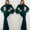 Popular Velvet Dark Green Evening Dresses Flare Long Sleeves Mermaid Arabic Celebrity Gowns Prom Dresses Plus Size