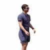 Summer Fashion Short Sleeve Mens Rompers Male Single Breasted Jumpsuit Cargo Short Pants Boyfriend Zip Trousers Party Overalls