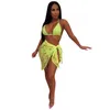 Fashion Sexy Beach 3 Piece Set Summer Bikini Crop Top och Side Pants and Long Cover Scarf Suit243J6790661