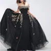 Abiti da sera affascinanti neri con spalle scoperte in pizzo con applicazioni di pizzo da donna Abiti da festa in tulle Abiti da ballo con strascico in tulle Spedizione gratuita