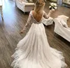 Mais Popular Uma Linha Dee V Neck Sexy vestidos de casamento Capela Train Tulle apliques laço do casamento vestidos de noiva manga comprida