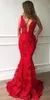 Stunning Sexy Red V-Neck Prom Dresses Mermaid Wear Illusion Lace Appliques Long Sheer Back New Formal Evening Party Gowns robes de mariée