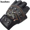 Fashion-Fitness Gloves Gym Tactical Leather Gloves Men Half Finger Skull Sport Black Workout Motorcycle AGL006