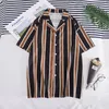 Spring Summer New Hawaii Men Shirts Short Sleeve Blouse Top Male Stripe Print Loose Casual Shirts Mens Beach Shirts FM044