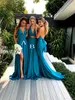 Two Piece Teal Blue Bridesmaid Dresses V Neck Satin Floor Length Summer Bridesmaid Gowns Sexy Wedding Party Dresses Sweep Train