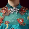 Groen luxe borduurwerk oosterse stijl feestjurk Chinese bruid vintage traditionele bruiloft cheongsam jurken lange qipao jurk