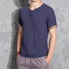 Whole-Summer Fashion Mens Casual Linen Shirts Short Sleeve V Neck White Basic Blouse Chinese Style Thin Tops Men Plus Size M-5307N