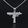 Fashion Gold Color Gun Pendant Necklace Men Alloy Full Rhinestone Bling Submachine Gun 24inch Long Cuban Link Chain Wedding Jewelry