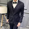 Luxury Design Men's Wedding Tuxedos Peaked Lapel Floral Pattern Groom Wear Suits For Prom One Button Formal Blazer (Jacket+Vest+Pants)