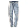 Slim Fit Ripped Jeans Men Hole Hole Side Zipper Dżinsowe Spodnie Moda Męskie Umyte Zniszczone Designer Dżinsy