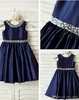 Navy Blue Taffeta Flower Girl Dress For Wedding Junior Bridesmaid Baptism Baby A-line Knee-length Dress With Silver Beading