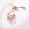 Sexig Wasit Belly Dance Crystal Body Jewelry Stainless Steel Rhinestone Navel Bell Button Piercing Dingle Rings for Women Pendant Rose Gold