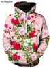 High-end lyxiga röda blommor rosor tryckta 3d jacka hoodies kvinnor / män vintage sweatshirt flickor rosa streetwear outfits