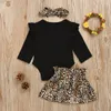 Baby Girls Dress Garnitury Niemowlę List Ruffler Romper Topy + łuk Koronki Lamparda Spódnice + Leopard Opaski 3 sztuk / Set Toddler Casual Outfit M1301