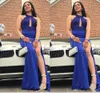 Seksowny Royal Blue Prom Dress Jewel Neck Lace Aplikacja Długość podłogi Zroszony Cekinowy Satynowy Sukienka Suknie Wieczorowe Vestidos de Noiva