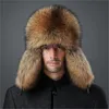 Chapéu masculino de pele de raposa real e couro real russo Ushanka inverno quente Aviator Trapper Bomber Ski Earmuffs Boné