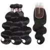 Ishow Body Wave Bundlar Virgin Hair Extensions med 4x4 Lace Stäng Billiga Bra Kvalitet Human Hair Weave För Kvinnor Alla Ages Naturliga Svart 8-28indh