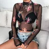 Şeffaf Mesh sayesinde Seksi Kadınlar Tişörtlü Bkz Uzun Kollu Şeffaf İnce Bayanlar Turtleneck Tişört Yeni Geliş Kadın tshirt Tops